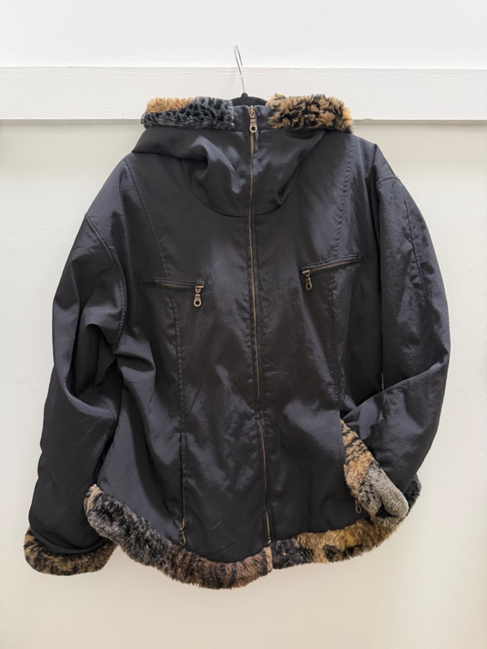 Joseph Ribkoff Vintage Black Hooded Jacket with Brown Faux-Fur Trim